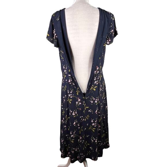 Ann Taylor Navy Blue Floral Midi Faux Wrap Dress 12T - Picture 8 of 14